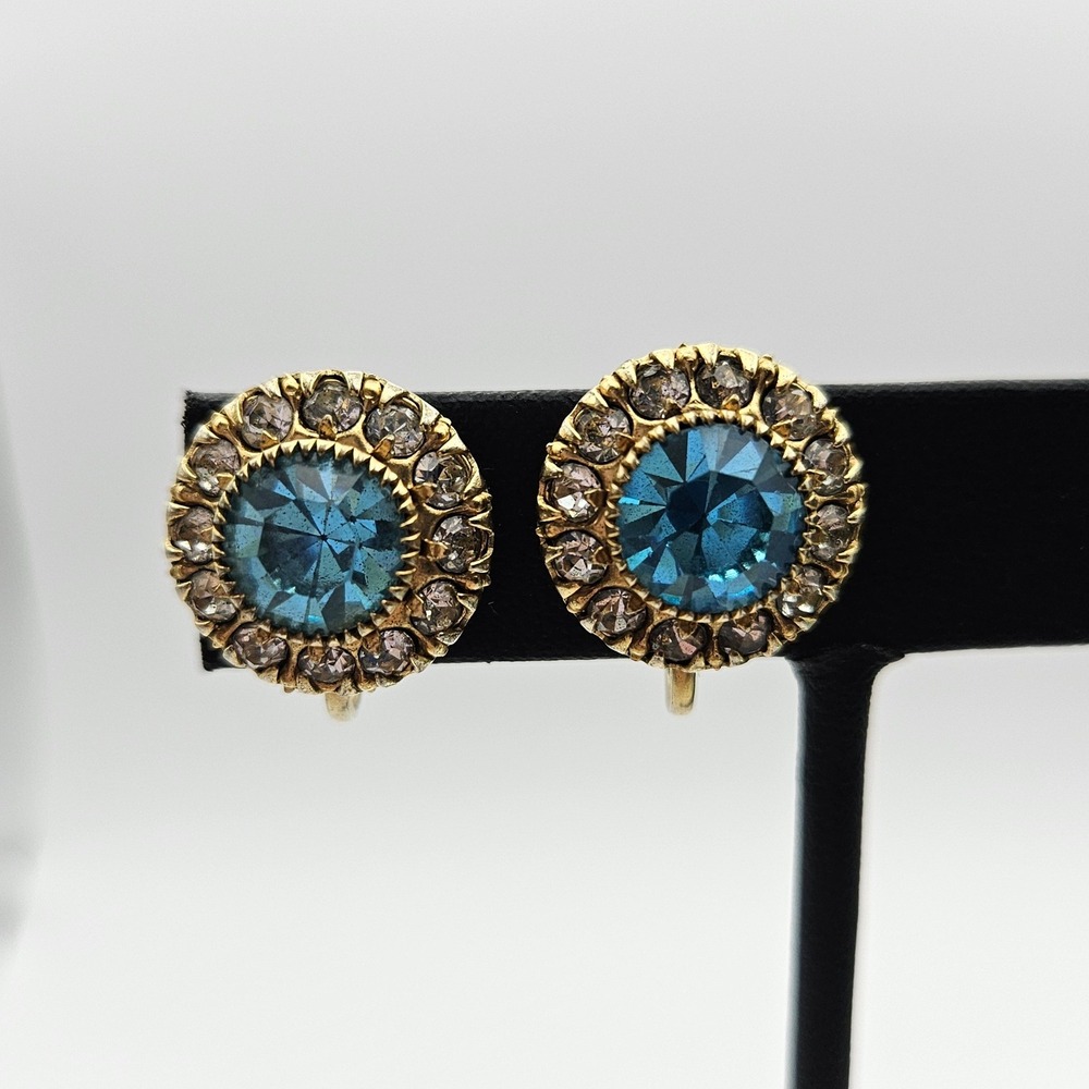 Vintage Gold Tone Blue Rhinestone Screw Back Earrings Round Studs